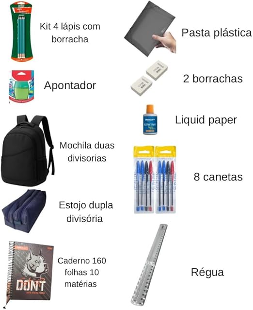 Kit Escolar Masculino Completo com Mochila, Caderno 10 Matérias, Estojo Duplo e Acessórios para Estudos
