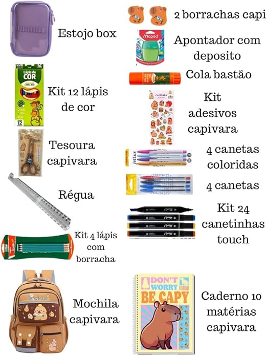 Kit Escolar Completo Capivara – Mochila com 6 Divisórias + Lápis, Caderno, Canetas e Acessórios