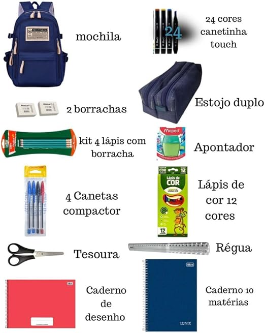 Kit Azul Material Escolar Completo, Ensino Médio e Fundamental, Masculino, Mochila 5 Divisórias, 24 Canetinhas, Caderno 10 Matérias, Estojo Duplo