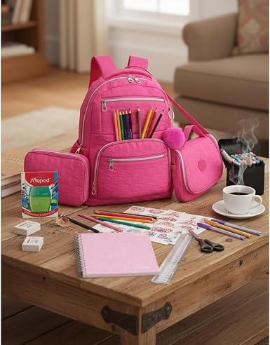 Kit Escolar Completo Feminino com Mochila, Bolsa Térmica, Estojo, Caderno, Lápis de Cor 24 Cores, Canetinhas Touch, Tesoura, Régua | ROSA | Material Escolar | Volta as Aulas