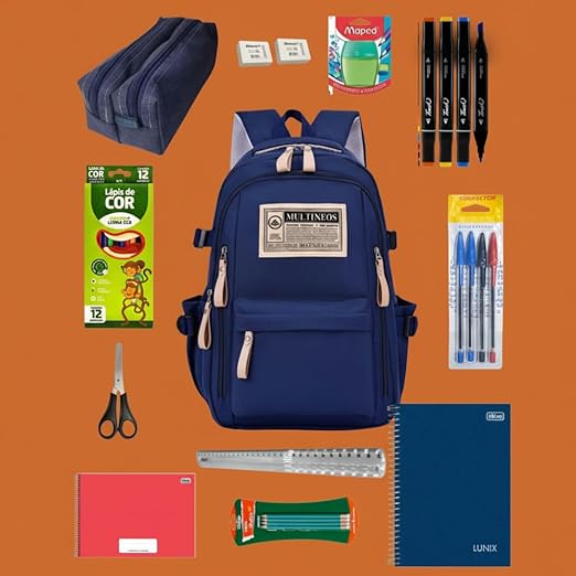 Kit Azul Material Escolar Completo, Ensino Médio e Fundamental, Masculino, Mochila 5 Divisórias, 24 Canetinhas, Caderno 10 Matérias, Estojo Duplo