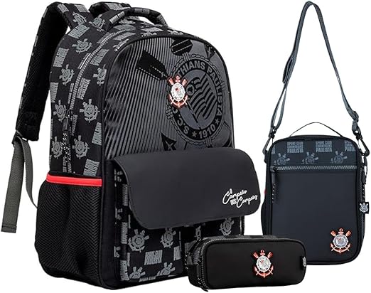 Kit Completo Corinthians Mochila de Costas Lancheira Térmica e Estojo Duplo Timão Infantil Escolar