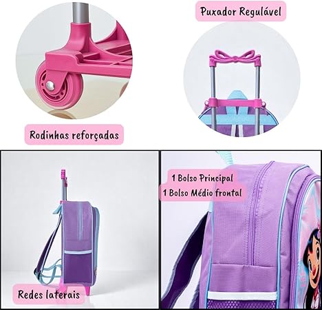 Kit Mochila Infantil Escolar com Rodinhas + Estojo + Lancheira Térmica | Bolsa Feminina Grande