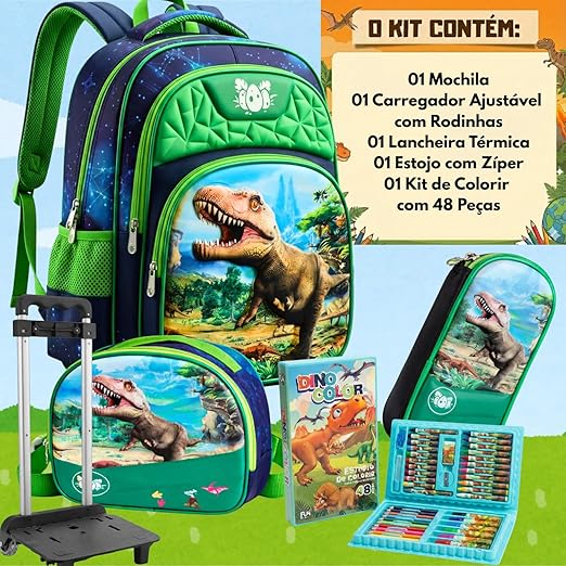 Kit Mochila Infantil Menino com Rodinhas Lancheira Termica Estojo Dinossauro Inclui Kit Escolar com 48 Peças 3D