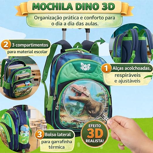 Kit Mochila Infantil Menino com Rodinhas Lancheira Termica Estojo Dinossauro Inclui Kit Escolar com 48 Peças 3D