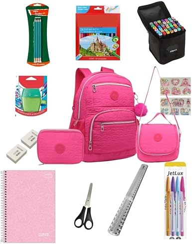 Kit Escolar Completo Feminino com Mochila, Bolsa Térmica, Estojo, Caderno, Lápis de Cor 24 Cores, Canetinhas Touch, Tesoura, Régua | ROSA | Material Escolar | Volta as Aulas