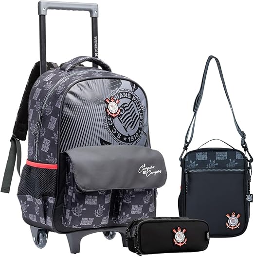 Kit Completo Corinthians Mochila de Costas e Rodinhas Lancheira Térmica e Estojo Duplo Timão Infantil Escolar
