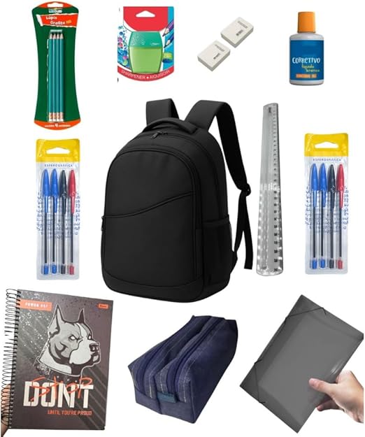 Kit Escolar Masculino Completo com Mochila, Caderno 10 Matérias, Estojo Duplo e Acessórios para Estudos