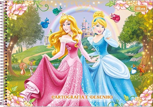 Caderno de Cartografia e Desenho Espiral Capa Dura Princesas 80 Folhas - Cinderela E Aurora