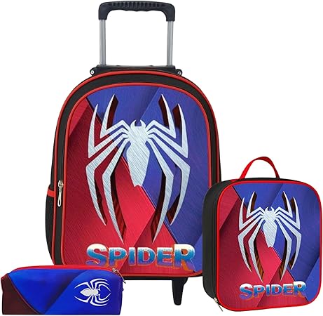 Kit Mochila de Rodinha Escolar Infantil Menina e Menino + Lancheira + Estojo Grande Box Necessaire (Aranha 5)
