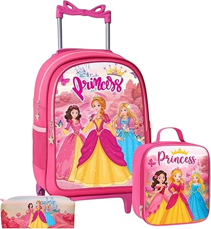 Kit Mochila de Rodinha Escolar Infantil Menina e Menino + Lancheira + Estojo Grande Box Necessaire (Princesa)