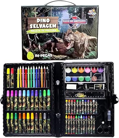 Kit Estojo Colorir Dinossauro Meninos Lápis Giz Acessórios 86 peças