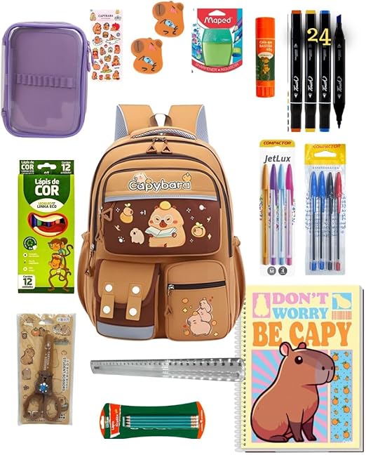 Kit Escolar Completo Capivara – Mochila com 6 Divisórias + Lápis, Caderno, Canetas e Acessórios