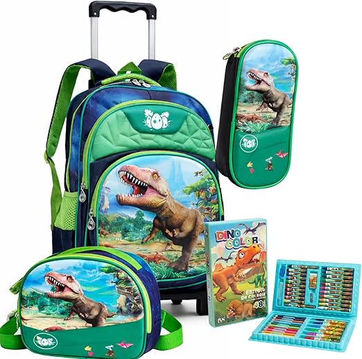 Kit Mochila Infantil Menino com Rodinhas Lancheira Termica Estojo Dinossauro Inclui Kit Escolar com 48 Peças 3D